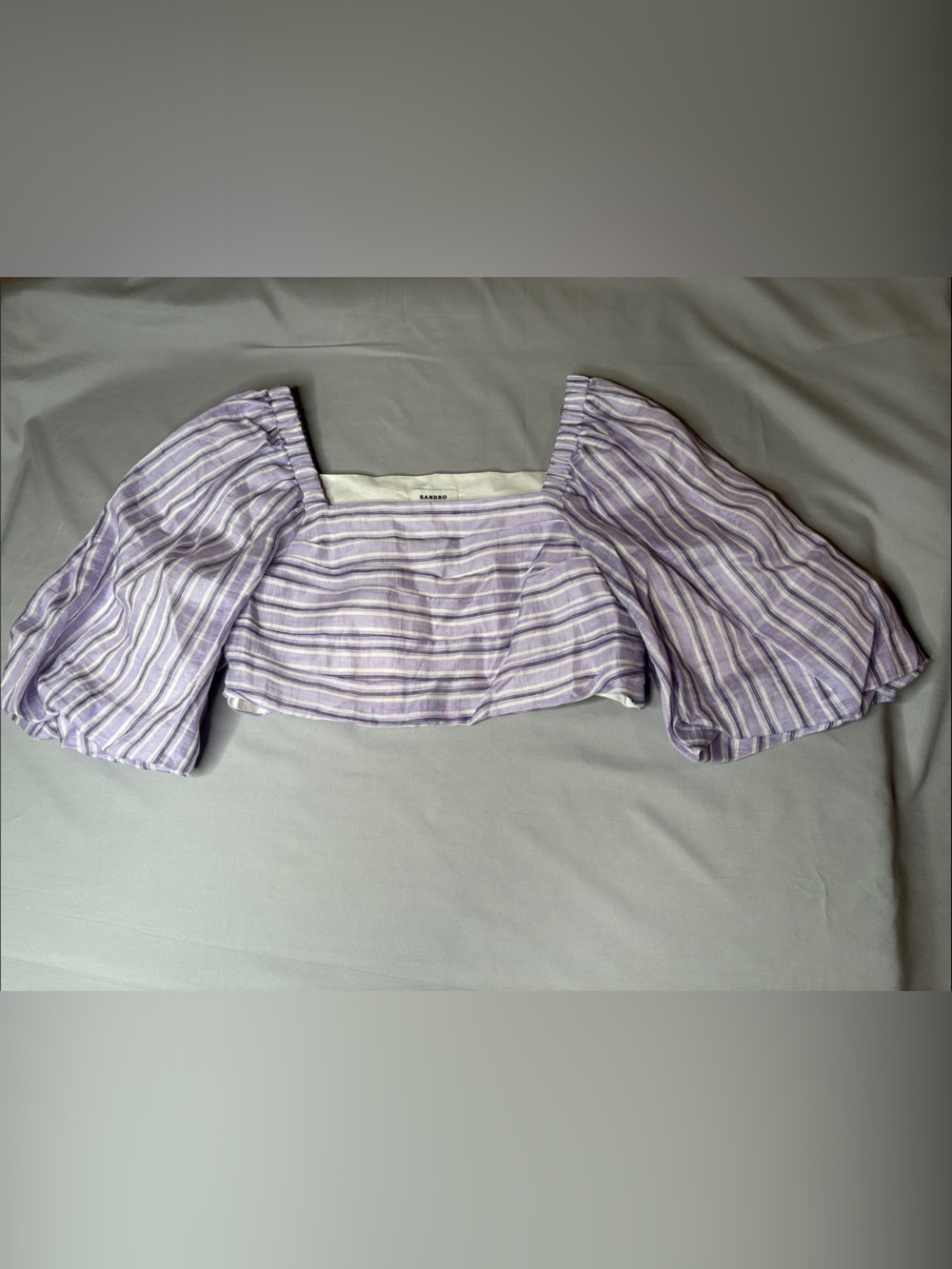 Sandro Lavender and White Striped Puff-Sleeve Crop Top Linen Blend Size 2 New